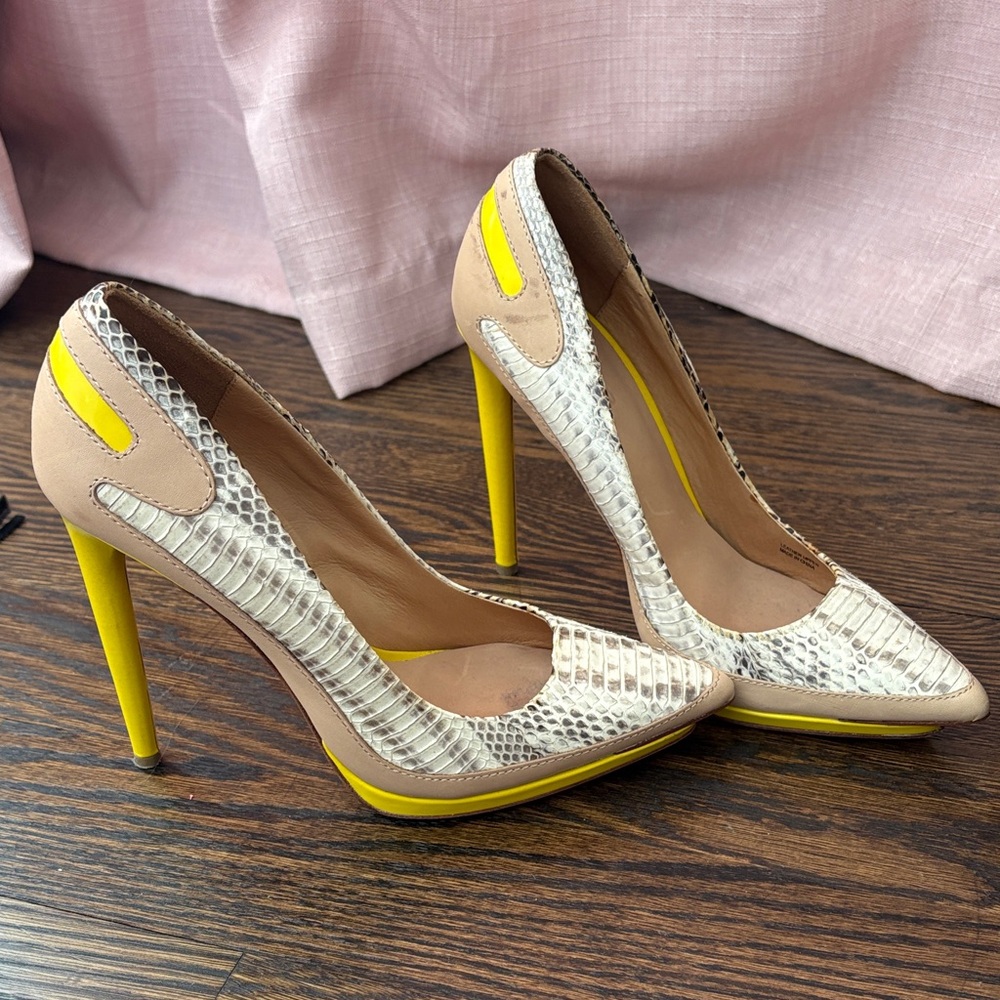L.A.M.B. Beige and Yellow Snakeskin Heels